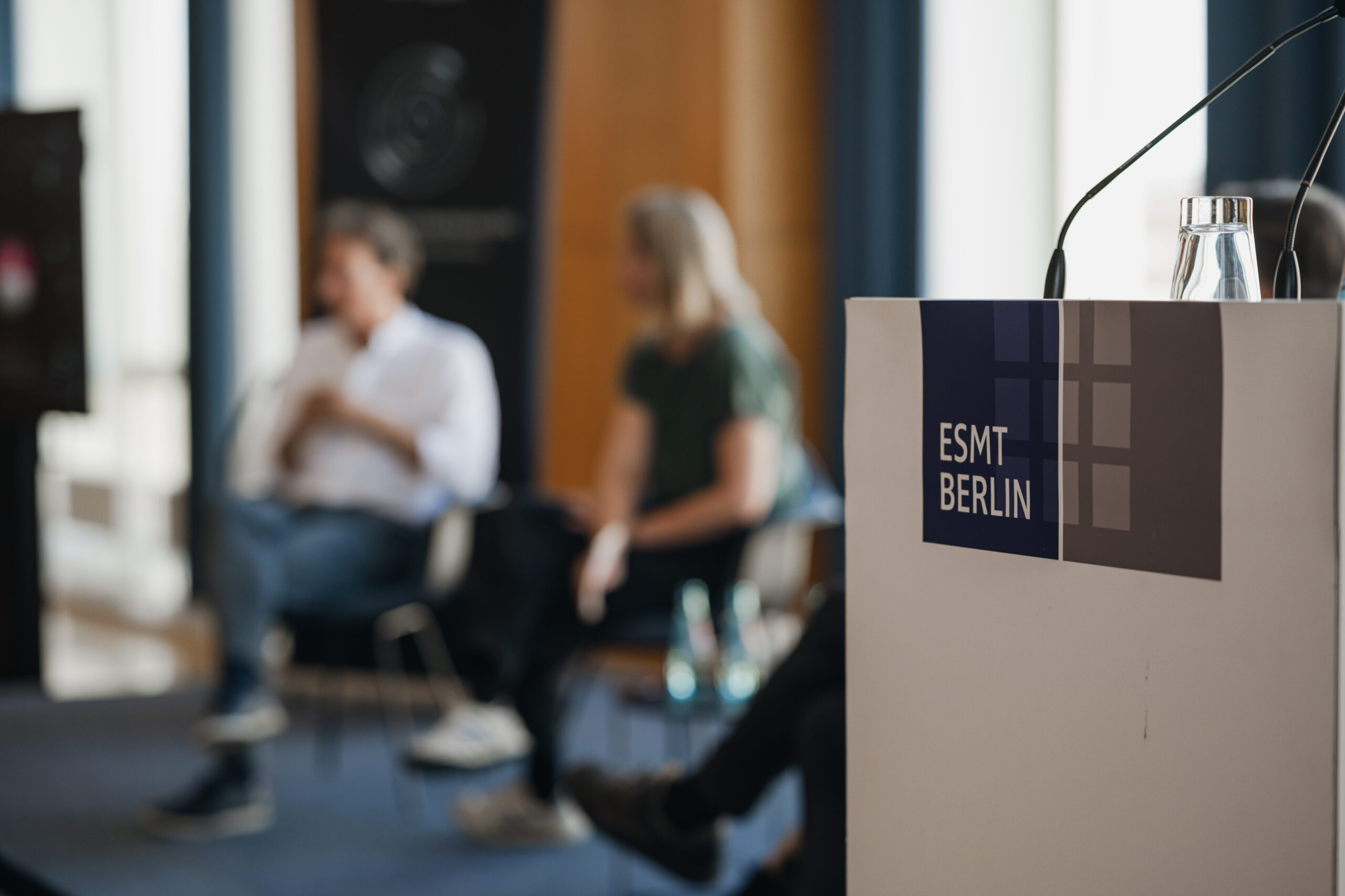 Close-up of the lectern on the stage of the ESMT Demo Day in Berlin, September 15th 2023. Credits: Ana Torres Photography https://www.anatorresphotography.com/
