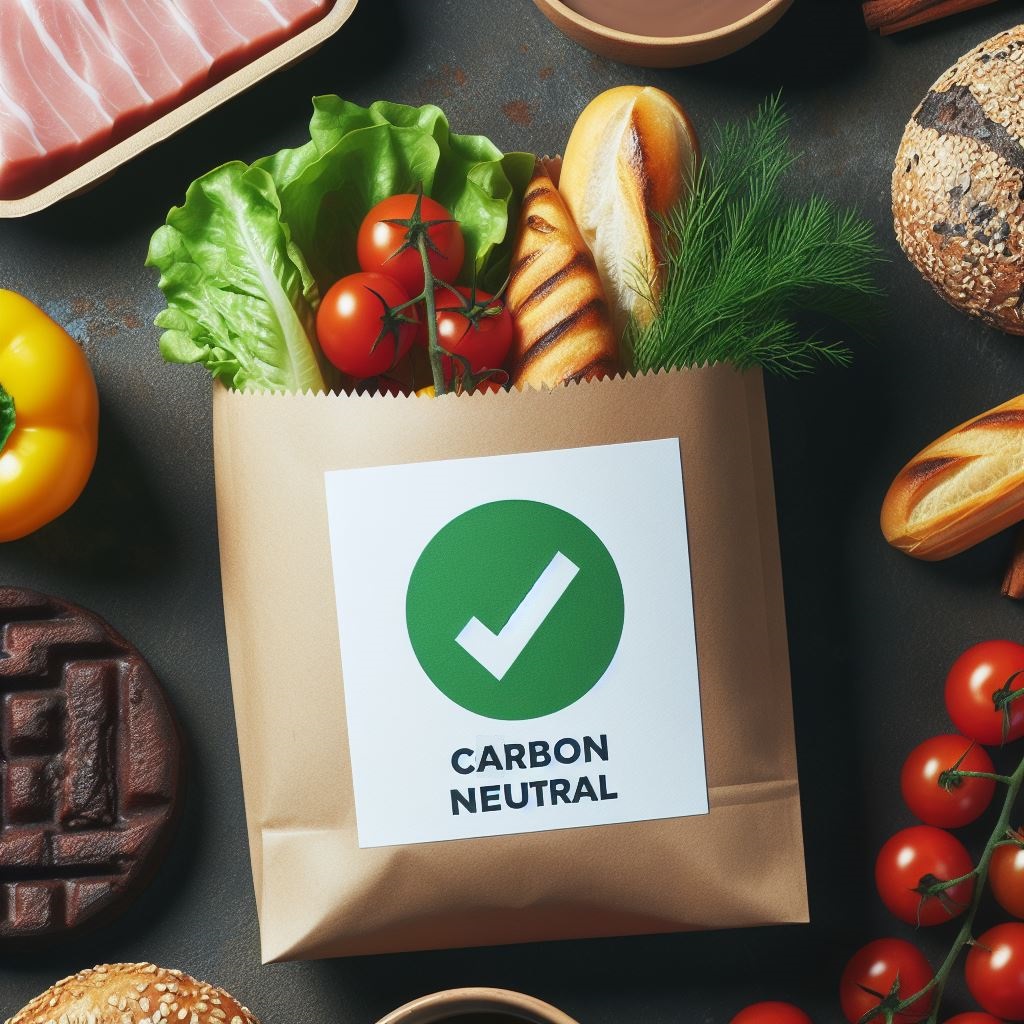 Food items with a "Carbon Neutral" label. Generated with Dall E 3