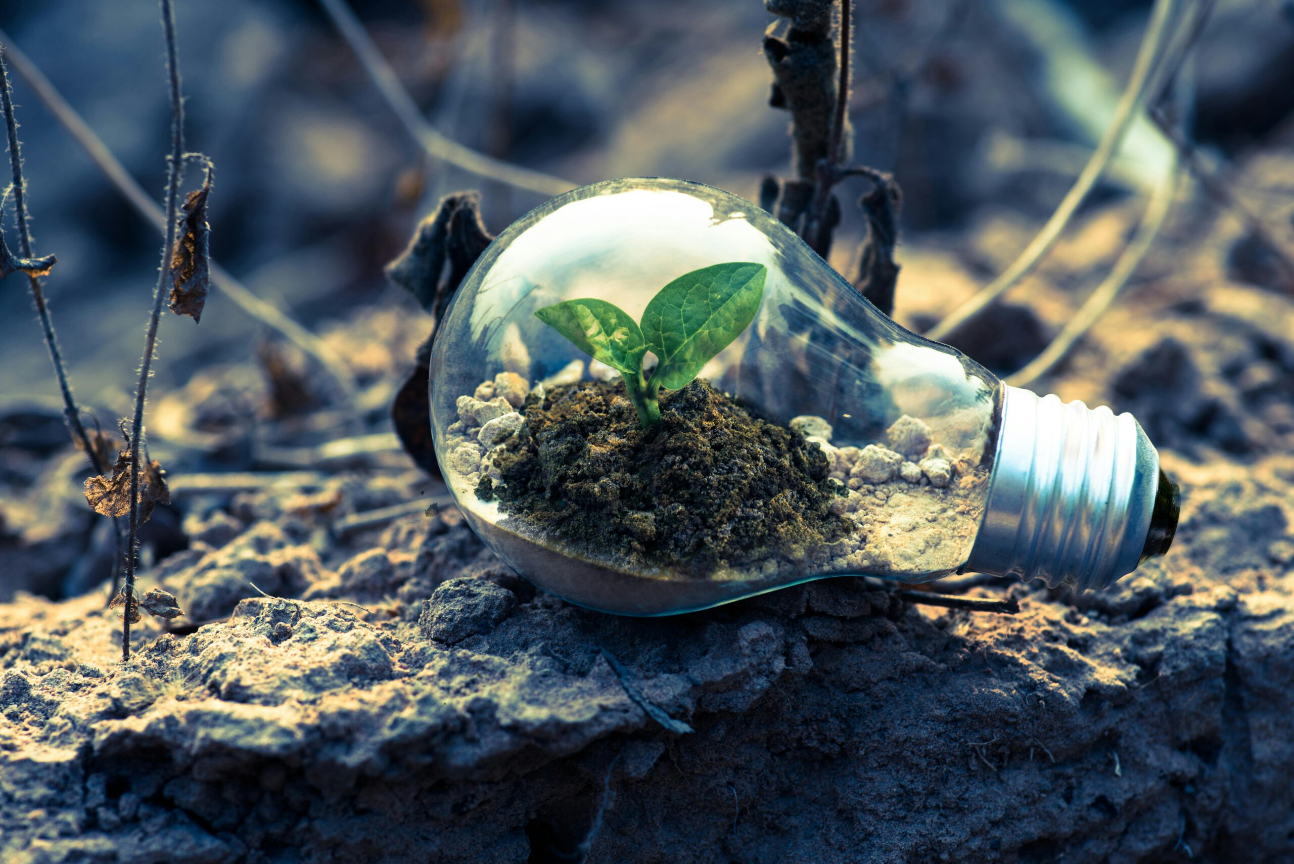 Light bulb on soil. Photo by Singkham: https://www.pexels.com/photo/clear-light-bulb-planter-on-gray-rock-1108572/