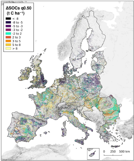 Spatial distribution of the median change in SOC content (ΔSOCs q0.50) at 0–20 cm soil depth, 2009–2018