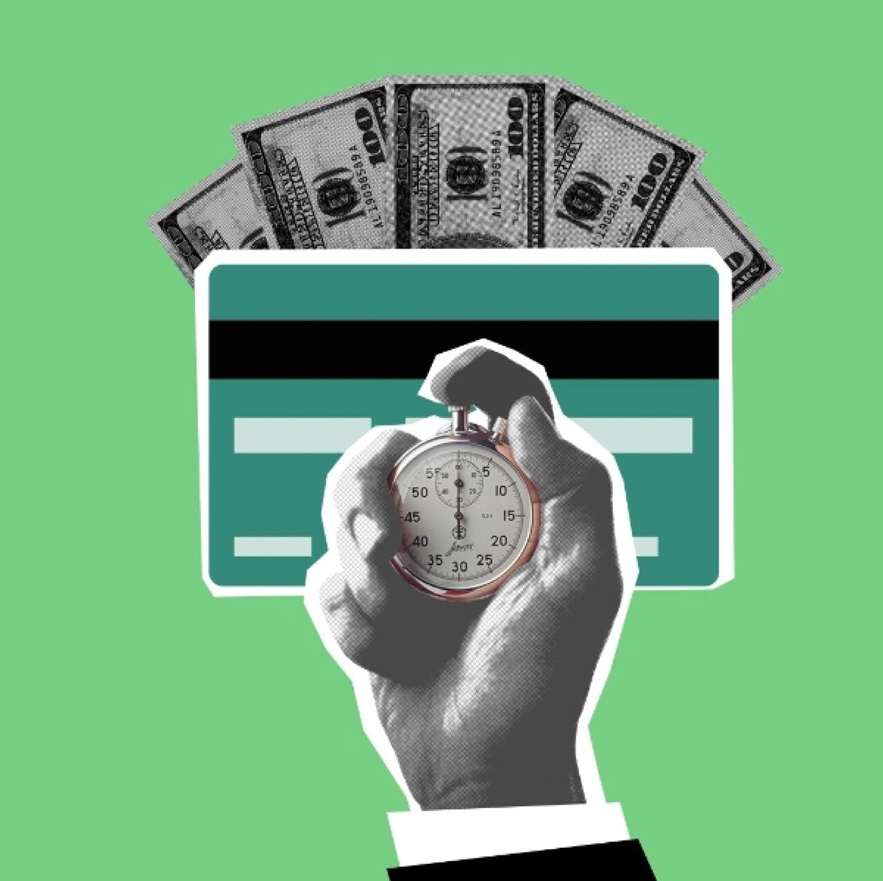 Hand holds stopwatch with credit card and cash, symbolizing time and money. Photo by Monstera Production: https://www.pexels.com/photo/crop-person-timing-stopwatch-against-cash-and-credit-card-illustration-6289070/