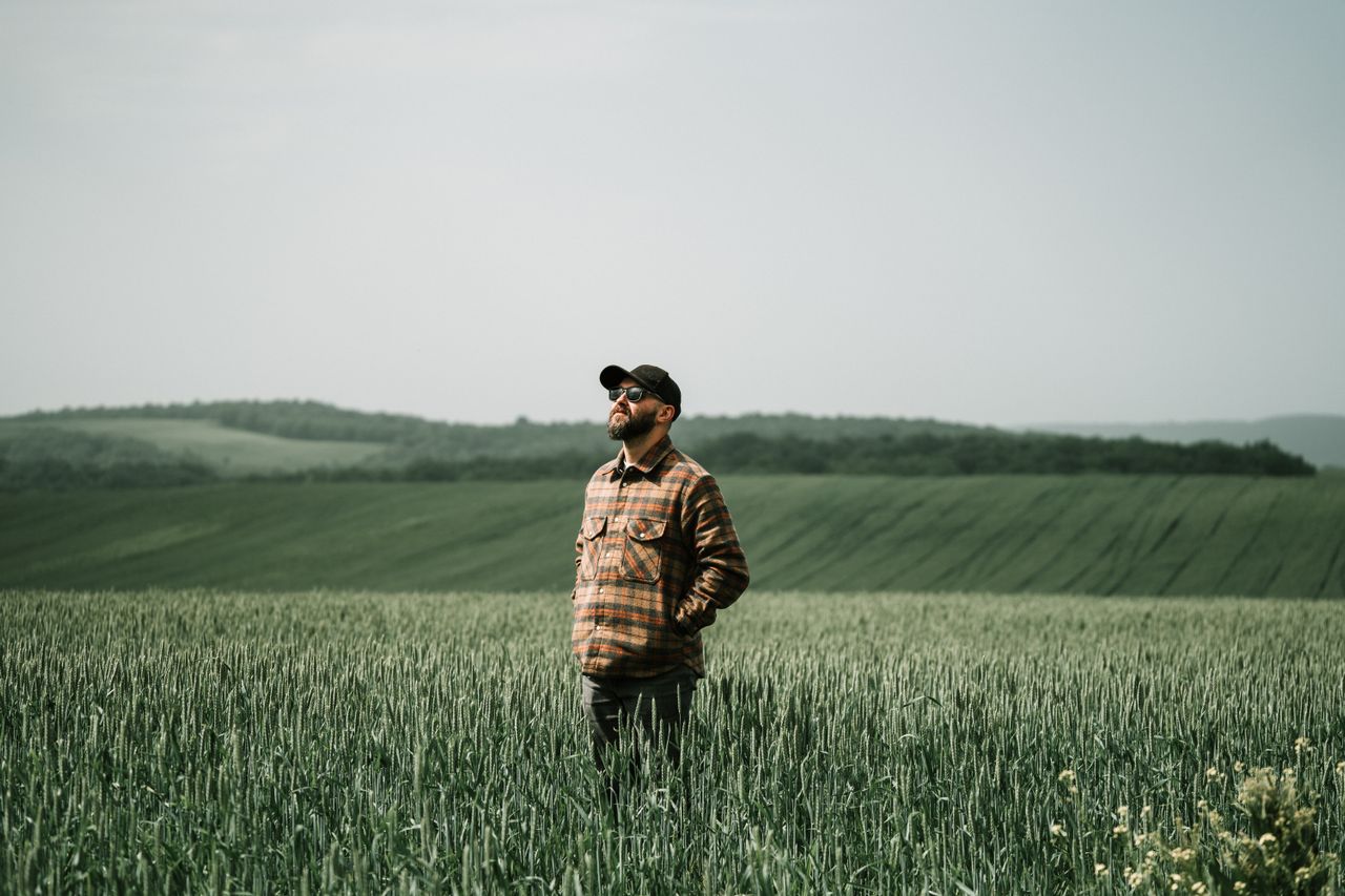 Man wearing sunglasses standing in a lush green field. Summer day with bright skies and rural landscape. Photo by Zaur Takhgiriev: https://www.pexels.com/photo/a-bearded-man-in-a-checkered-shirt-and-a-cap-standing-on-a-field-26222877/